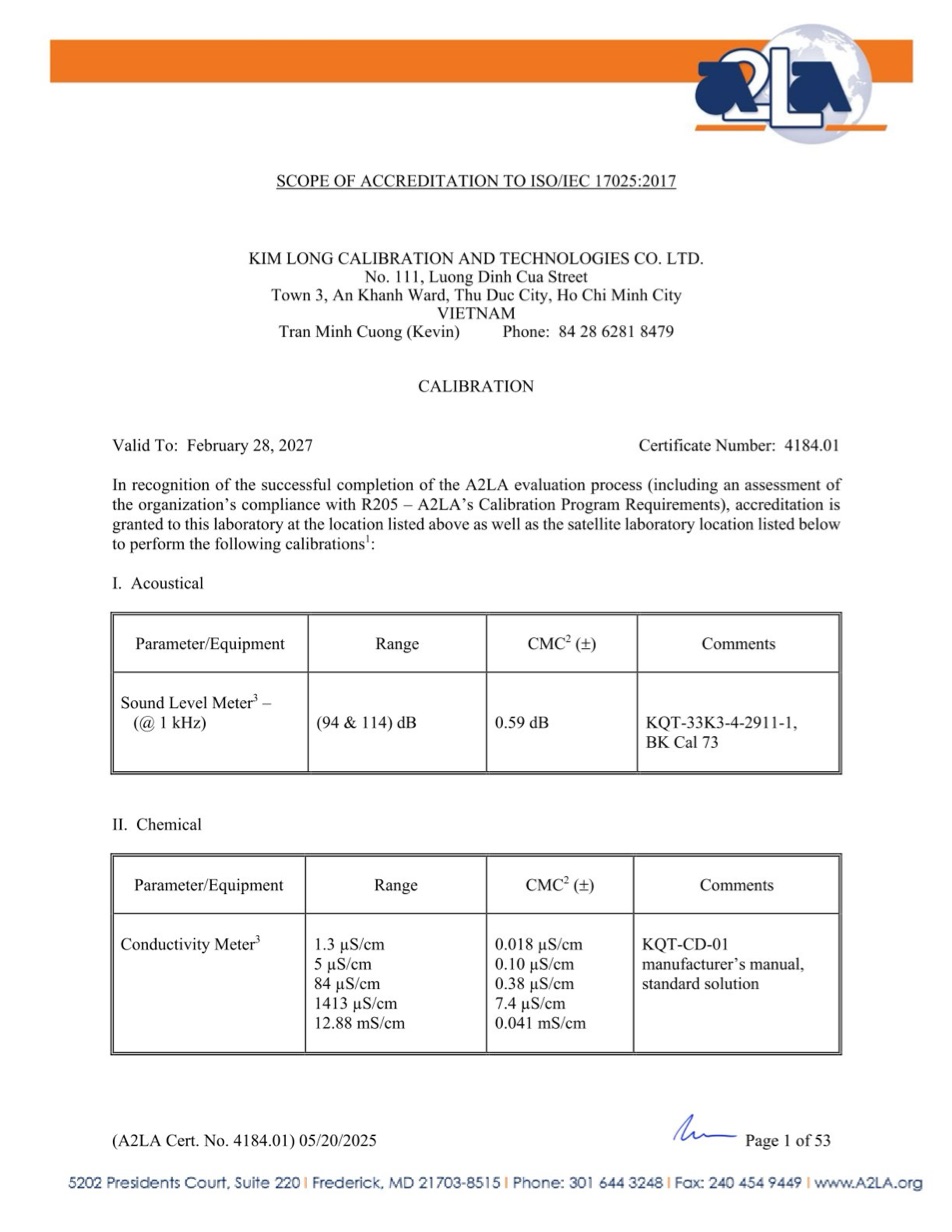 GCN ISO/IEC 17025:2017 được cấp bởi A2LA - Trang 1